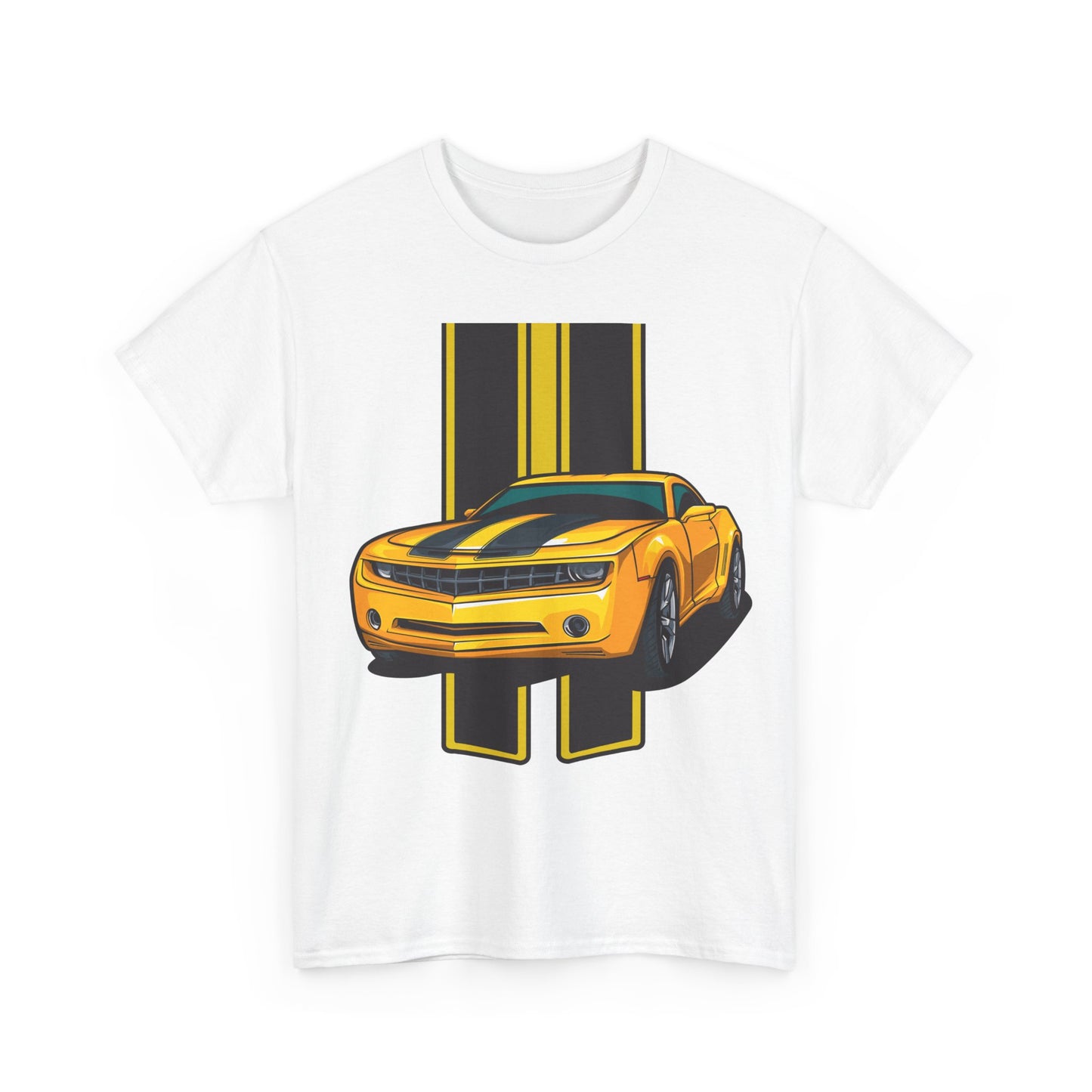 Stylish white T-shirt adorned with a vibrant neon yellow Camaro graphic and sleek black stripes, perfect for making a bold style statement.