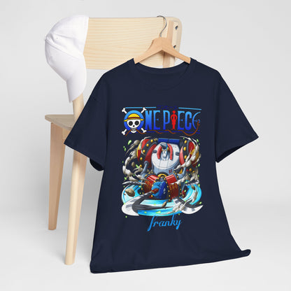 Chic navy blue One Piece Franky graphic tee showcased against a contemporary backdrop with a cap, embodying the perfect blend of streetwear and luxury anime fashion.