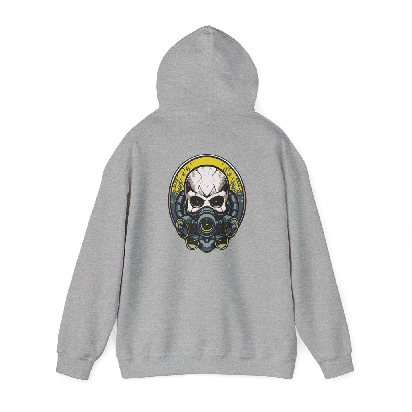 Chic grey hoodie showcasing a fierce gas mask skull design, accented with vibrant yellow, perfect for adding an edge to any wardrobe.