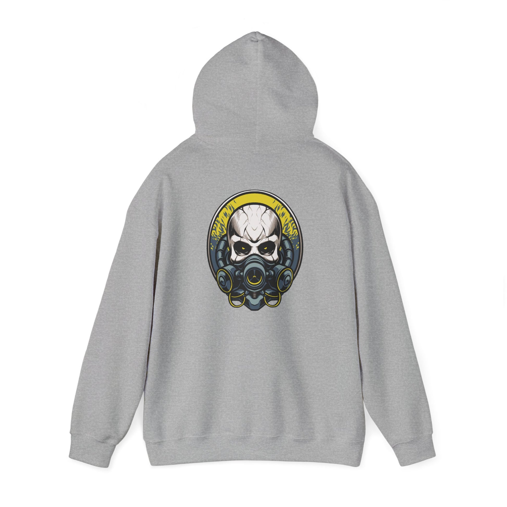 Chic grey hoodie showcasing a fierce gas mask skull design, accented with vibrant yellow, perfect for adding an edge to any wardrobe.
