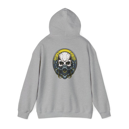 Chic grey hoodie showcasing a fierce gas mask skull design, accented with vibrant yellow, perfect for adding an edge to any wardrobe.