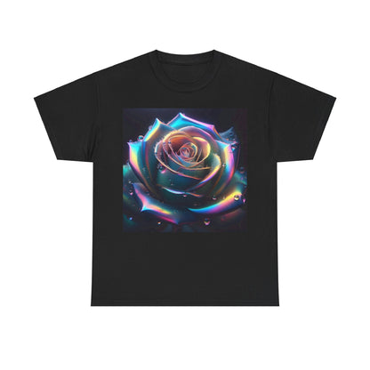 Ethereal Rose Tee Unisex Cotton Graphic T Shirt featuring a stunning, detailed design of a rose with iridescent effects and water droplets, set on a black background, embodying elegance and artistry for a luxurious wardrobe.