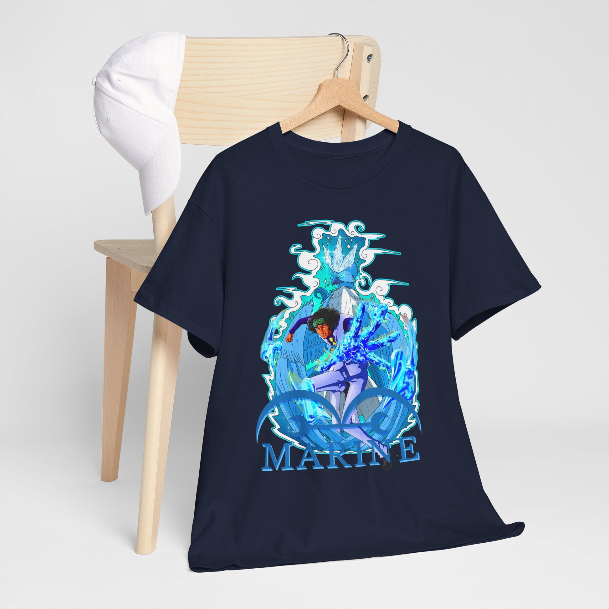 Sophisticated navy anime t-shirt displayed on a hanger, featuring a bold marine illustration, making it a must-have for fashion-forward anime fans.
