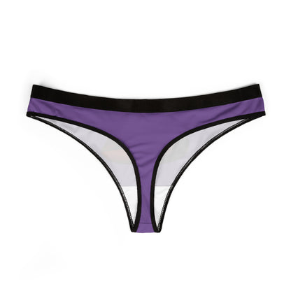 Exquisite women's thong with a minimalist design in deep purple, offering a stylish foundation for the playful red lips graphic above, embodying flirtation and charm.