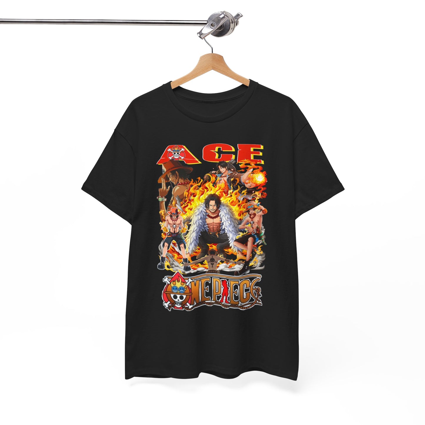Sophisticated black t-shirt hanging on a hanger, showcasing a vibrant Ace graphic from One Piece with flames, an exemplary piece for anime fashion aficionados.