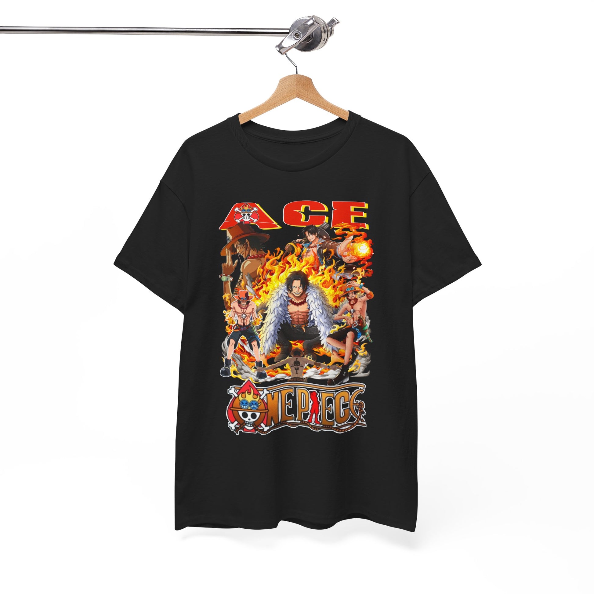 Sophisticated black t-shirt hanging on a hanger, showcasing a vibrant Ace graphic from One Piece with flames, an exemplary piece for anime fashion aficionados.