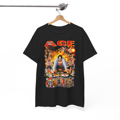 Sophisticated black t-shirt hanging on a hanger, showcasing a vibrant Ace graphic from One Piece with flames, an exemplary piece for anime fashion aficionados.