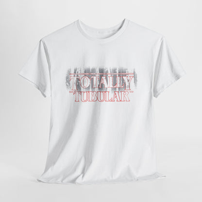 Stranger Things 'Totally Tubular' unisex graphic T-shirt in white, featuring bold 'TOTALLY' and 'TUBULAR' lettering, perfect for fans of retro culture and the iconic Netflix series.