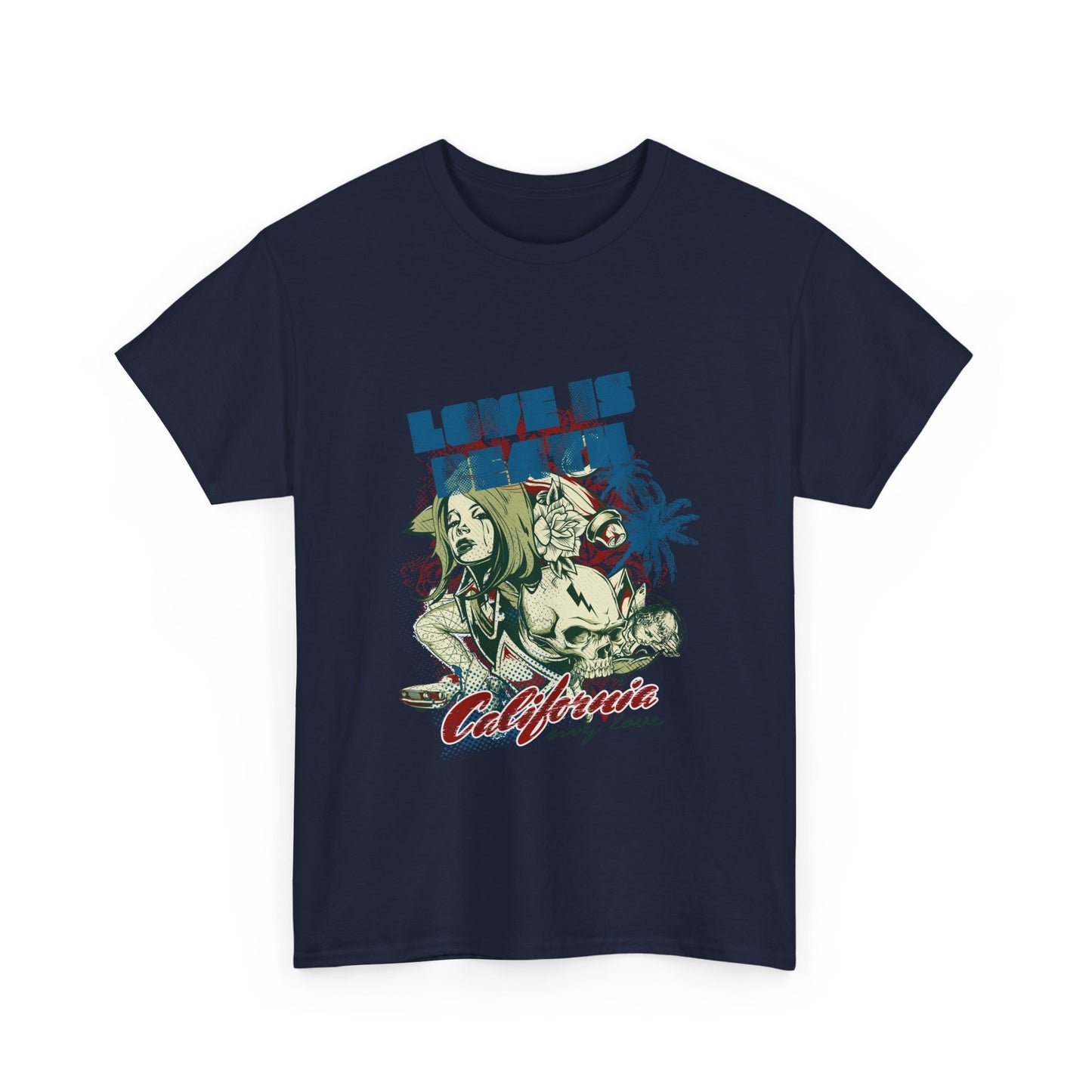 Stylish navy men's t-shirt adorned with a captivating graphic design that includes the phrase 'LOVE IS DEATH', a female character, and tropical elements, perfect for making a bold fashion statement.