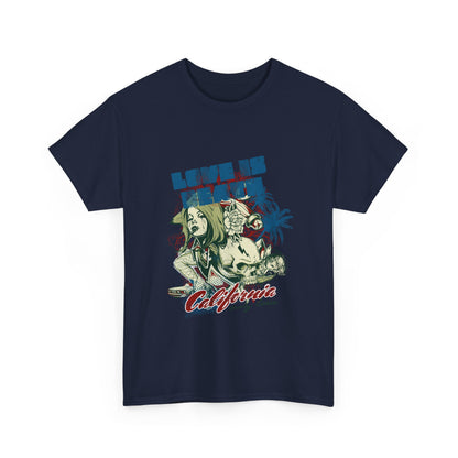 Stylish navy men's t-shirt adorned with a captivating graphic design that includes the phrase 'LOVE IS DEATH', a female character, and tropical elements, perfect for making a bold fashion statement.