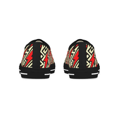 Electra Thunderbolt Men's Lowtop Sneakers in Beige with Vibrant Red Pop Art Lightning Bolt Design by Dazzling Dreams Studio, showcasing a stylish and contemporary look.
