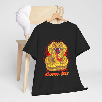 Refined Cobra Kai T-shirt styled on a hangar with a minimalist backdrop, showcasing the eye-catching gold snake design.