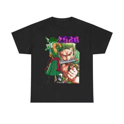 Elegant Roronoa Zoro graphic tee in black, highlighting unique artwork and striking colour contrast, perfect for sophisticated anime fashion lovers.