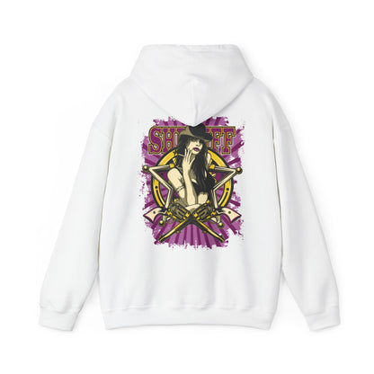Elegant white hoodie featuring a striking back print of a fierce female sheriff graphic, adorned with crossed gold revolvers and a vibrant purple and gold star design.