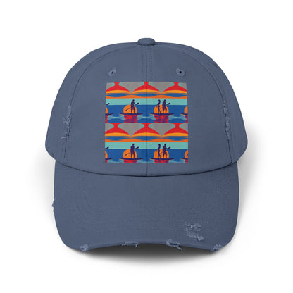 Unisex Distressed Cap featuring a vibrant fantasy paddleboarding scene - a perfect accessory for adventurous water lovers, presented in a sophisticated navy hue.