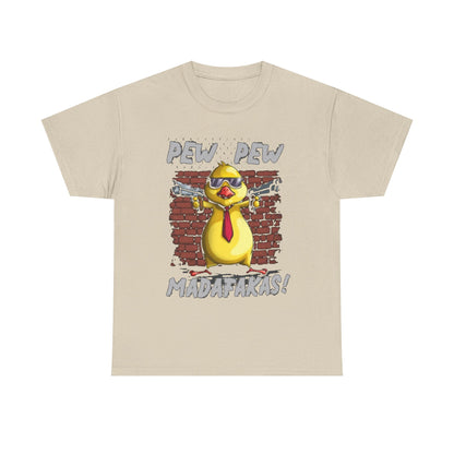 Chic beige t-shirt featuring a bold cartoon chicken styled as a gangster, adorned with sunglasses and a red tie, set against a rusty brick wall. The design includes the catchy phrases 'PEW PEW' and 'MADAFAKAS!', making it a statement piece for sophisticated casual wear.