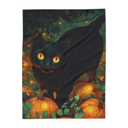 Decorative and Warm Halloween Spooky Arctic Fleece Blanket showcasing a charming black cat surrounded by autumnal pumpkin scenery, ideal for Halloween enthusiasts.