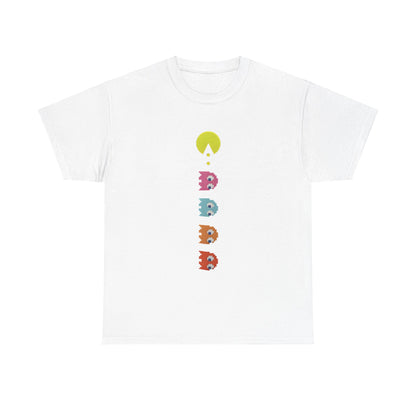 Unisex Pixel-Perfect Pac-Man Graphic Tee in white showcasing classic arcade characters in a vibrant vertical design, ideal for lovers of retro gaming.
