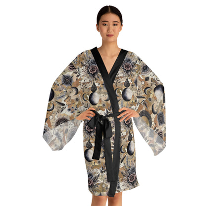 Floral Kimono Robe featuring a bold black belt, elegantly draping design suitable for both casual lounging and sophisticated gatherings.