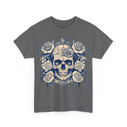 Front view of the Skulls and Roses Cotton Tee in a distinguished grey shade featuring elaborate skull and rose graphics, merging edgy aesthetics with elegance.