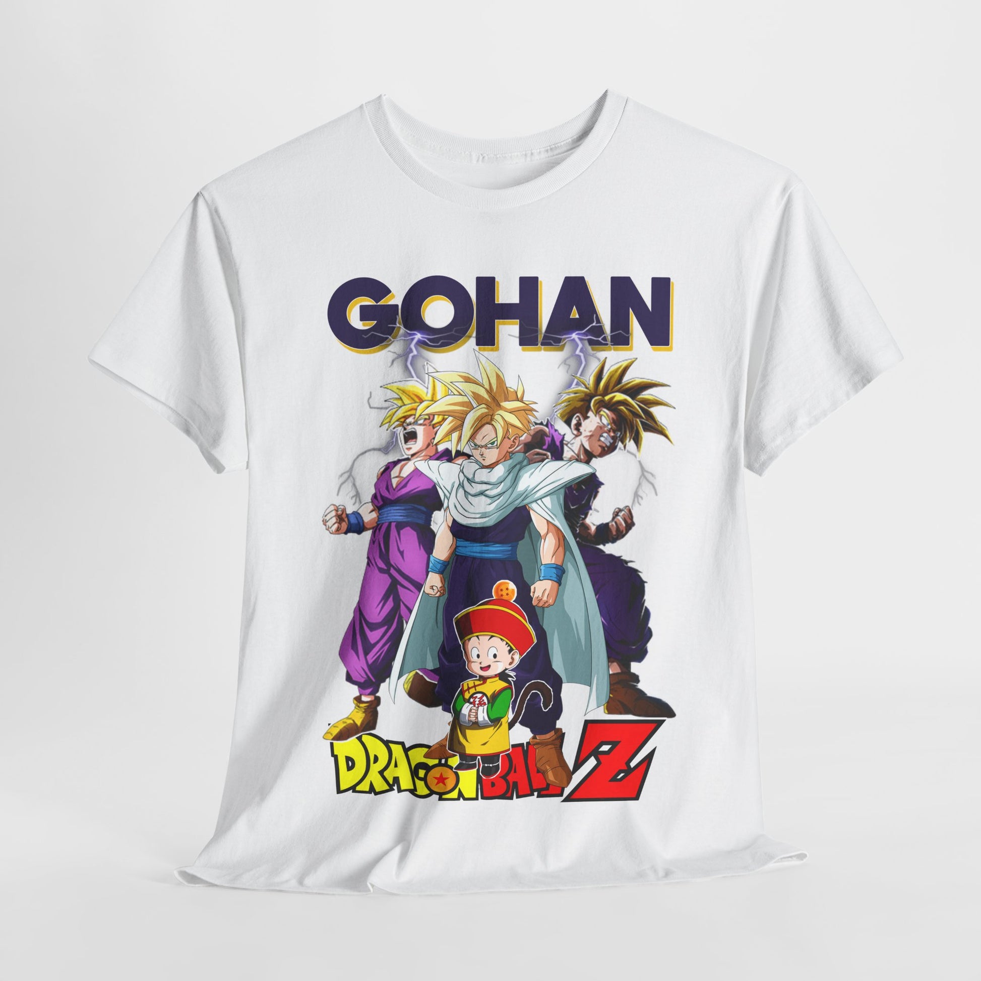 Artistic presentation of the Gohan Ascends T-shirt laid flat, highlighting its premium design and dynamic character illustrations from Dragon Ball Z.