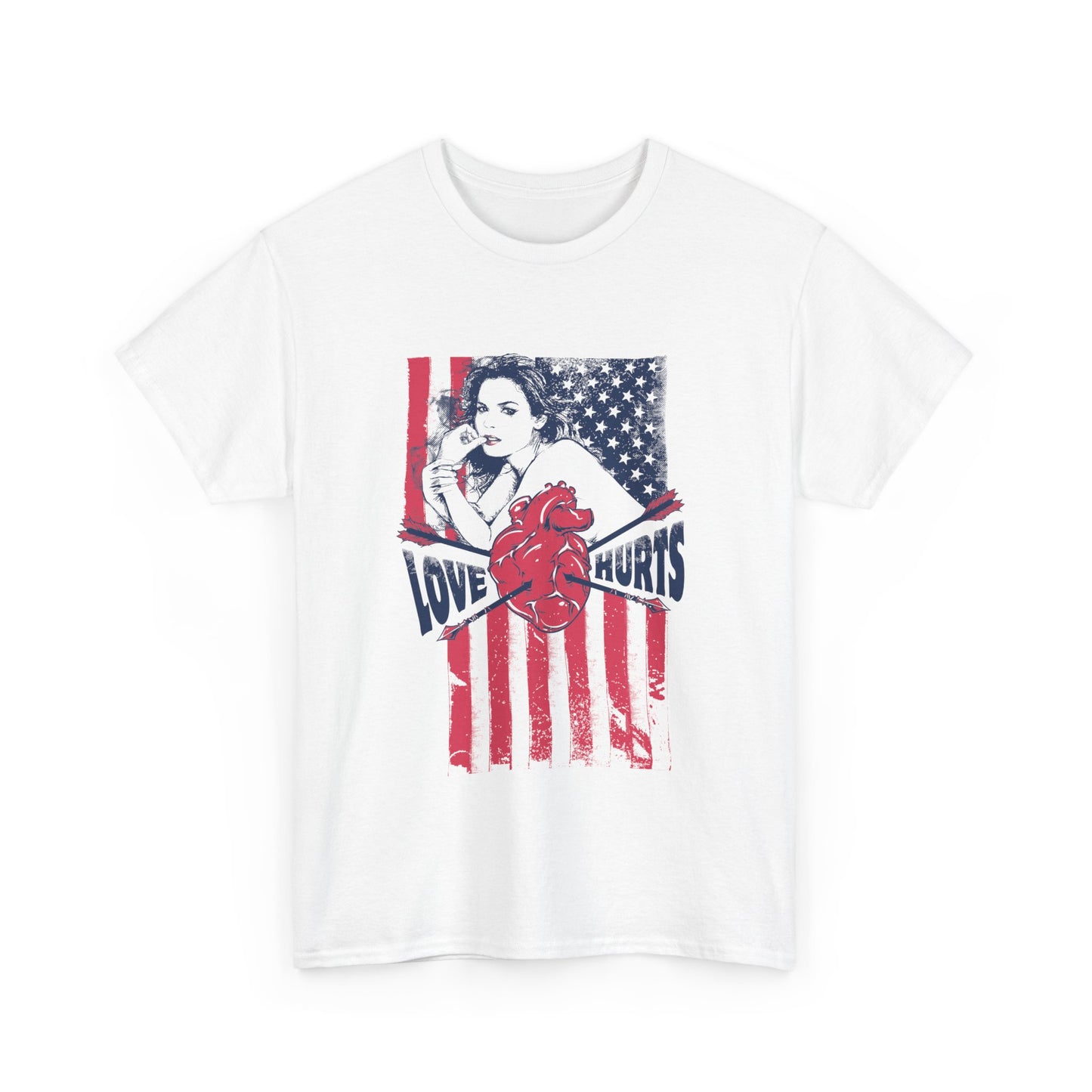 Front view of a stylish white men's t-shirt featuring a vintage pin-up girl design against a distressed American flag, showcasing a bold 'Love Hurts' theme.