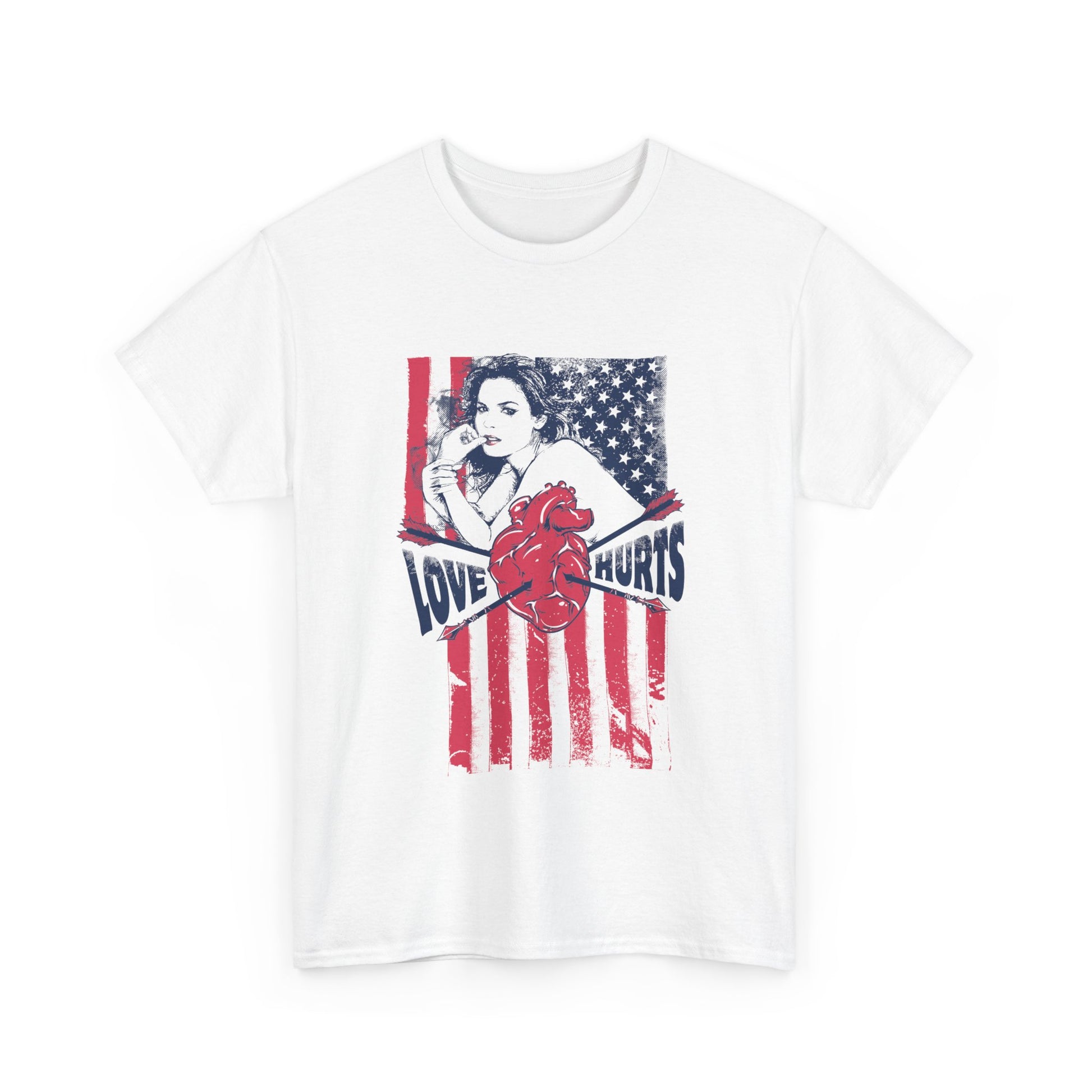 Front view of a stylish white men's t-shirt featuring a vintage pin-up girl design against a distressed American flag, showcasing a bold 'Love Hurts' theme.