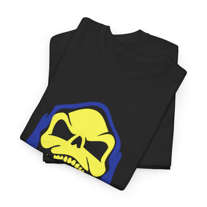 Luxury Masters of the Universe Skeletor Unisex Men’s Women’s Graphic T Shirt Tee, folded to display the bold yellow and blue Skeletor graphic on a premium black fabric.