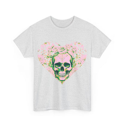 Close-up front view of the Skulls and Roses Cotton Tee, showcasing the colourful skull and rose graphic, a perfect expression of edgy aesthetics.