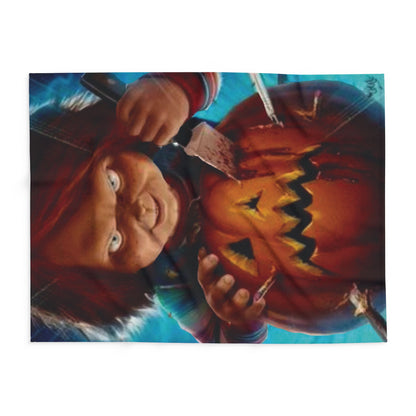 Decorative and Warm Halloween Chucky Spooky Arctic Fleece Blanket featuring a chilling design with Chucky and a carved pumpkin, perfect for embracing the Halloween spirit.