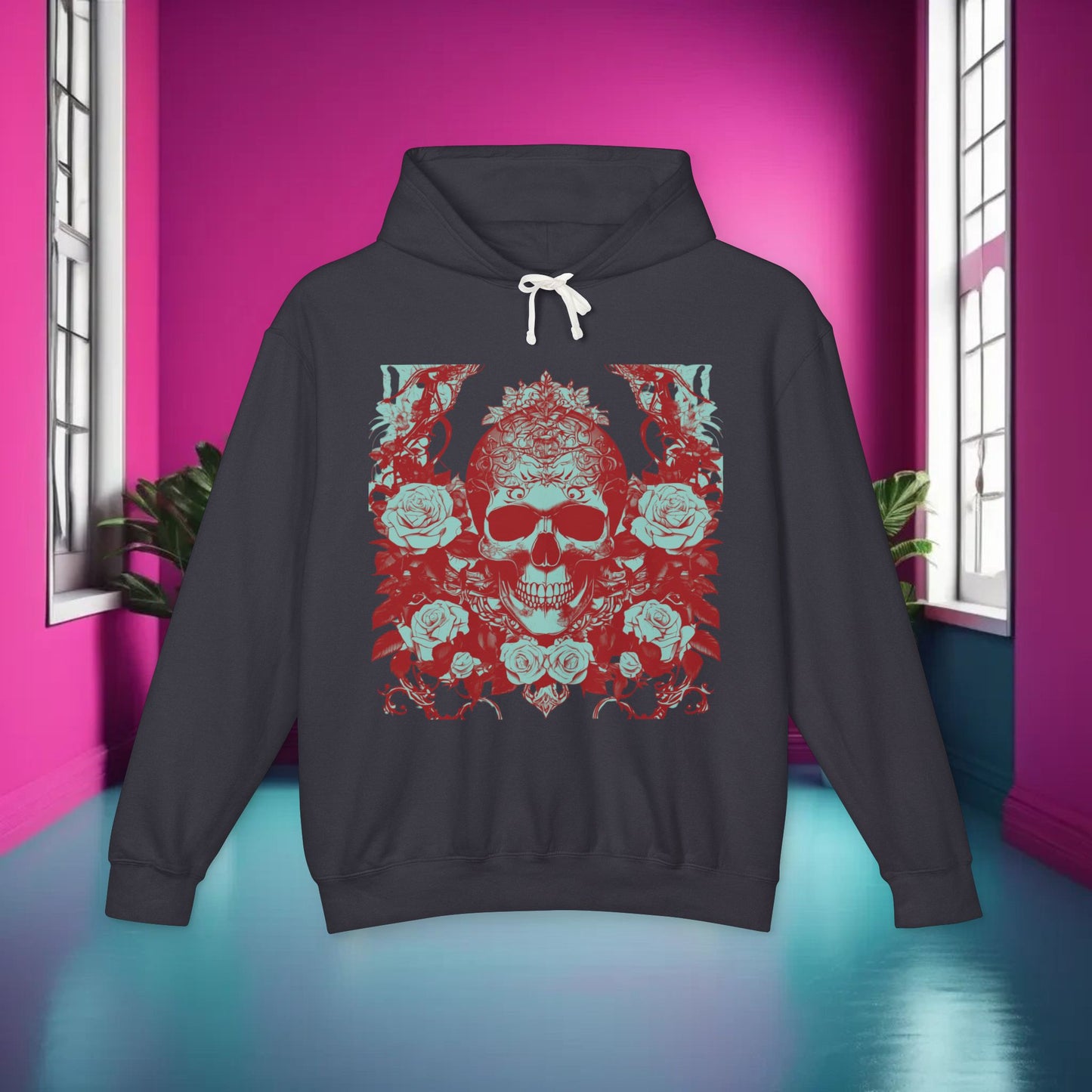 Skull and Roses Lightweight Hoodie, Unisex Edgy Designer Sweatshirt, Hipster