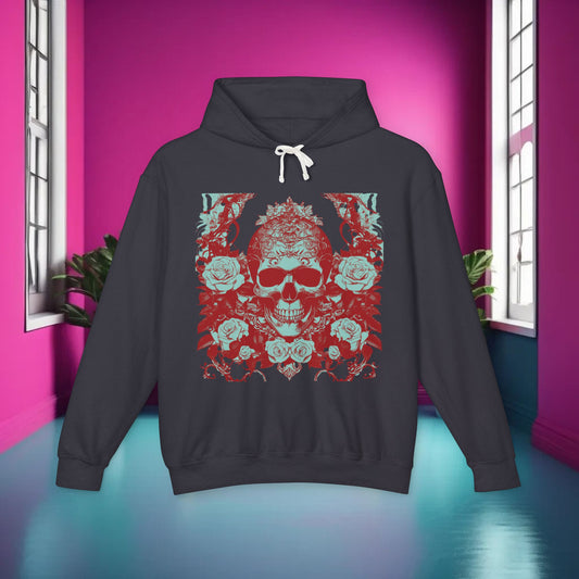 Skull and Roses Lightweight Hoodie displayed elegantly on a flat surface, featuring intricate skull and rose graphics, ideal for making a sophisticated fashion statement.