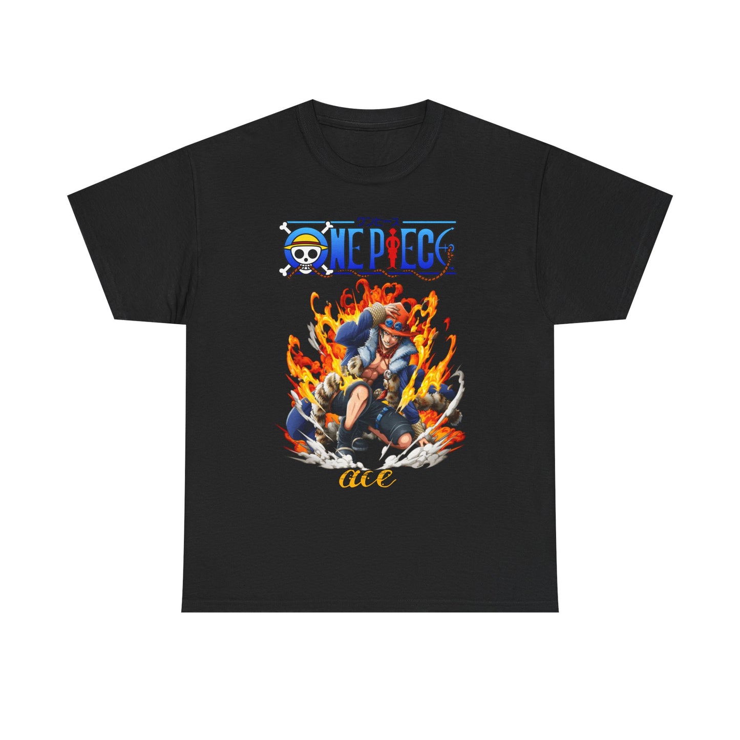 Stylish black Epic Ace men's T-shirt showcasing a striking illustration of Ace from One Piece in a dynamic pose, set against a fiery backdrop.