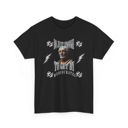 Stylish black t-shirt showcasing a unique graphic that reads 'Do Just Enough To Get By' with a classic portrait, ideal for effortless urban fashion.
