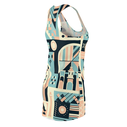 Back view of the Modern Parisian Pastel Dress with Eiffel Tower Design, featuring the stylish racerback cut and elegant silhouette.