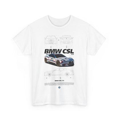 Sophisticated white men's t-shirt featuring a striking BMW CSL 3.0 graphic, highlighting dynamic angles and technical details for automotive enthusiasts.