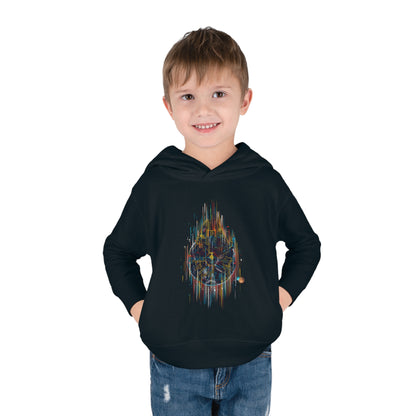 Child wearing the stylish black Millenium Falcon Hoodie, showcasing vibrant graphic design tailored for young Star Wars enthusiasts.