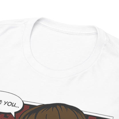 Close-up view of the neckline on the Star Wars I Know Funny Graphic T-Shirt, highlighting its quality and detail in design, featuring iconic dialogue within a graphic presentation.
