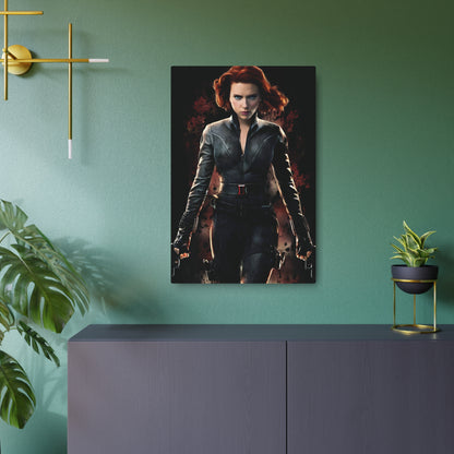 Marvel Black Widow Metal Art Poster featured on a stylish wall, harmonising with lush greenery and sophisticated furnishings in a modern interior.