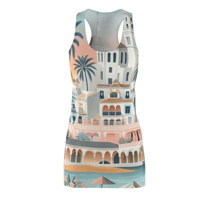 Elegant Marbella Dream Racerback Dress by Dazzling Dreams Studio, featuring a soft pastel design, ideal beachwear for sophisticated summer outings.