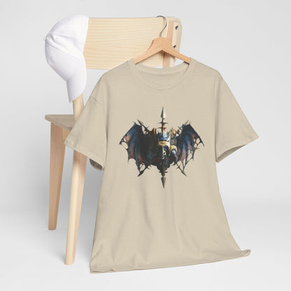 Elegant unisex t-shirt artfully draped on a wooden chair, showcasing a captivating warlord graphic in dark hues that embodies fierce energy and mythical charm.