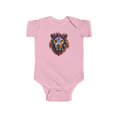 Cute Lion Bodysuit for infants featuring an artistic geometric lion's head design, available in five vibrant colours, perfect for stylish baby clothing.
