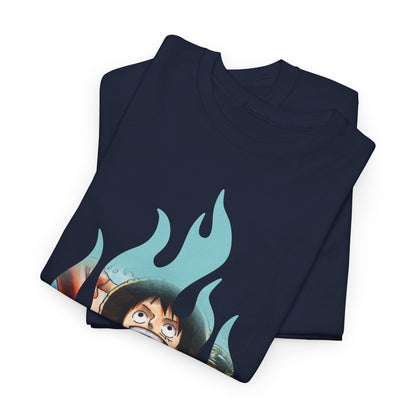 Close-up of folded navy blue t-shirts displaying stunning graphic art, presenting a playful character amidst vibrant flames.