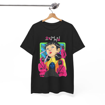 Sophisticated black t-shirt elegantly displayed on a hanger, adorned with a vivid graphic design inspired by a celebrated survival game, embodying contemporary fashion.