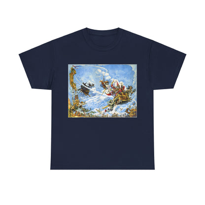 Discworld The Light Fantastic Graphic Unisex Tee Shirt in navy blue adorned with artwork celebrating the whimsy of Terry Pratchett's Discworld.
