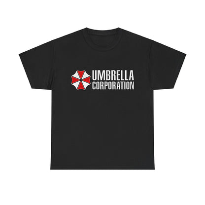 Luxurious Umbrella Corporation Graphic Unisex Tee Shirt in black featuring the iconic red and white logo, perfect for fans of Resident Evil.