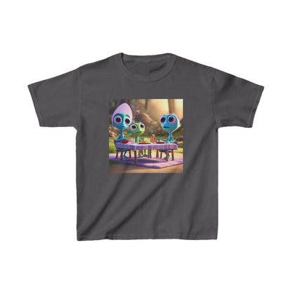 Kids Cute Aliens Heavy Cotton Tee in chic charcoal, featuring delightful alien illustrations, perfectly crafted for the modern young explorer with a flair for fashion.