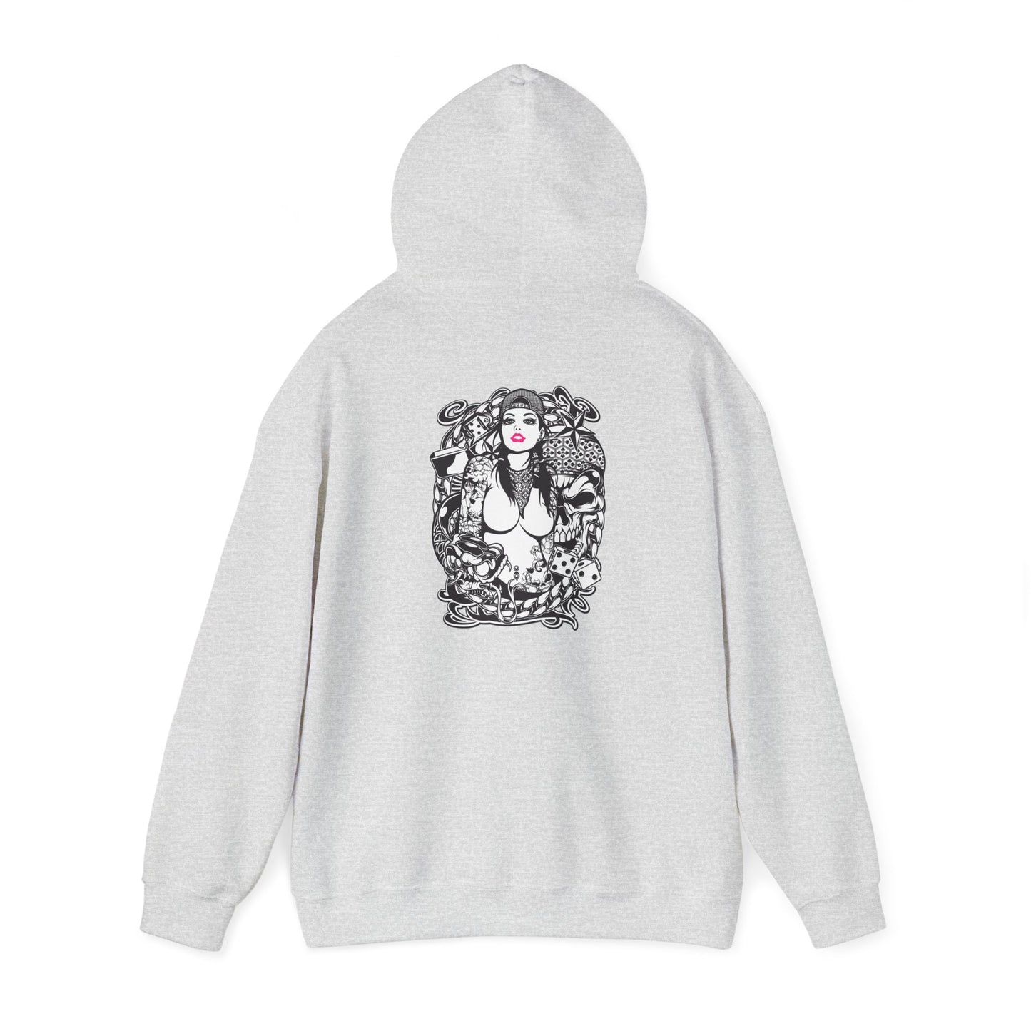 Stylish grey hoodie with a bold tattoo design on the reverse, exuding sophistication and artistic flair.