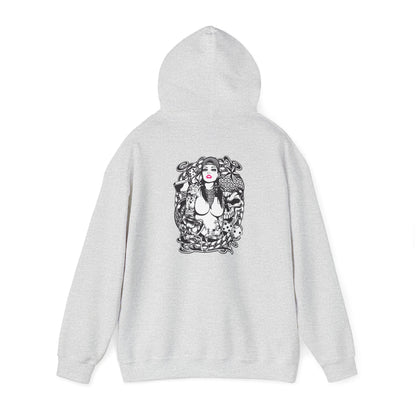 Stylish grey hoodie with a bold tattoo design on the reverse, exuding sophistication and artistic flair.