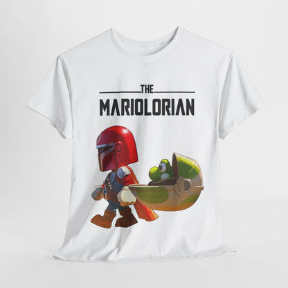 The Mariolorian Funny Graphic Unisex T Shirt showcasing a vibrant design with a quirky character in a red helmet and green object, ideal for both men and women.